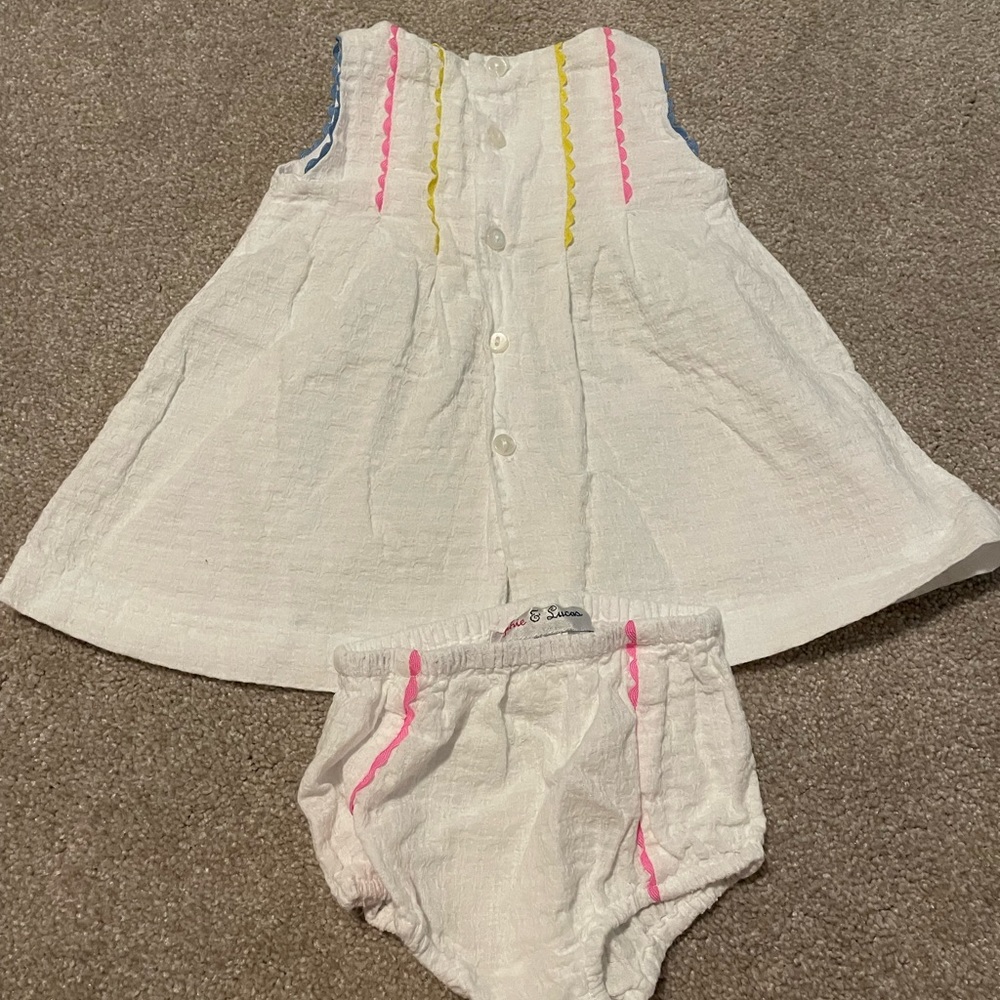 Sophie and Lucas 6 month baby girl Ric rac trim dress w/matching bloomers, euc